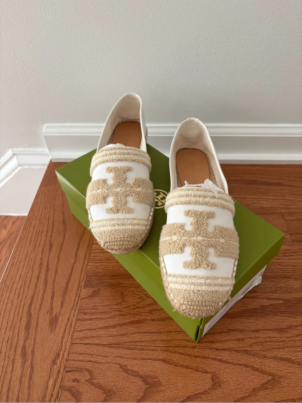 Tory Burch White & Beige Canvas Espadrilles